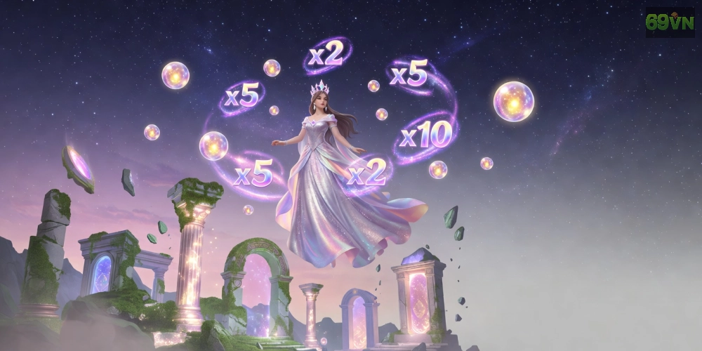Hình ảnh minh họa trò chơi Starlight Princess với jackpot lấp lánh trên nền tảng 69vn