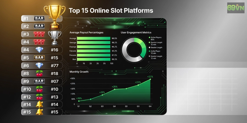 Top 15 nền tảng quay nổ hũ 69vn uy tín với biểu đồ xếp hạng và icon trò chơi
