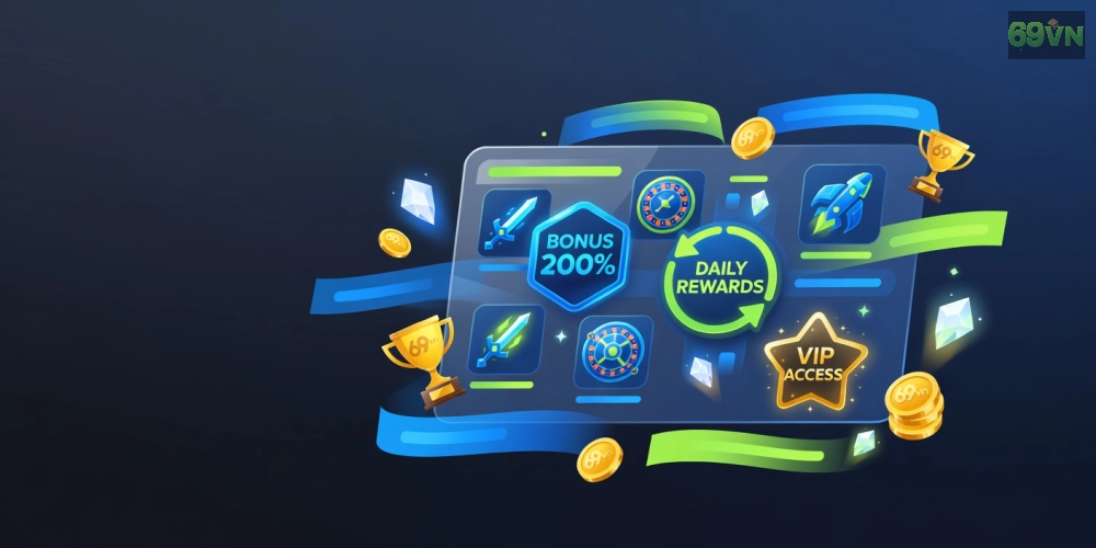 Hình minh họa khái niệm game khuyến mãi 69vn với các yếu tố thưởng hấp dẫn và giao diện thân thiện